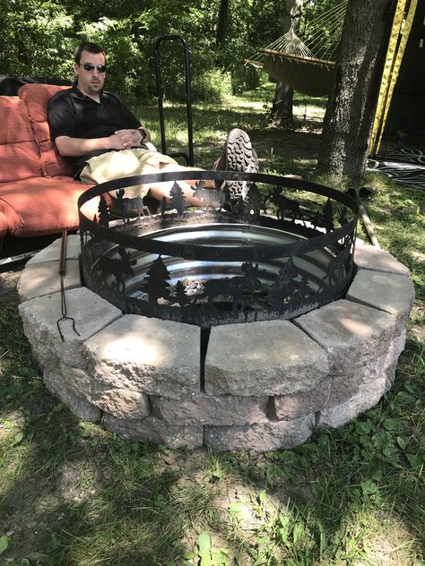 36” galvanized steel fire ring with decorative top Fire Pit With Metal Ring, Campground Fire Pit, Fire Pit With Fire Ring, Custom Metal Fire Pit Rings, Diy Fire Ring Ideas, Metal Ring Fire Pit Ideas, Galvanized Fire Pit Ideas, Fire Ring Ideas, Fire Pit Ring Ideas