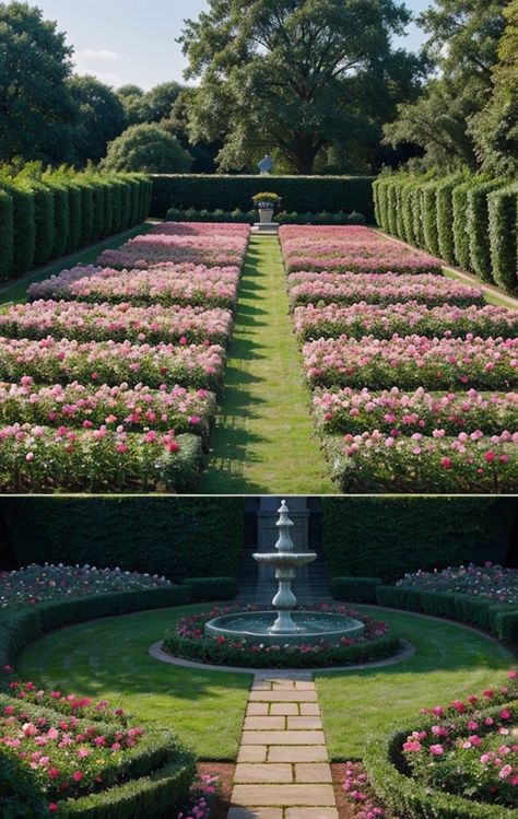 Big Garden With Flowers, Chateau Landscaping, Secret Garden Design Layout, European Landscaping, Victorian Garden Aesthetic, Provincial Garden, Aesthetic Gardens, Big Gardens, Mansion Garden