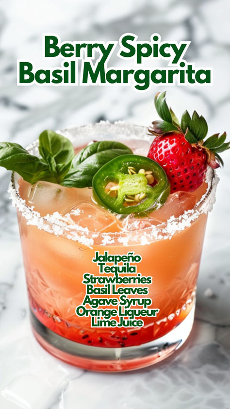 Berry Spicy Basil Margarita Wedding Margarita Signature Drink, Spicy Margarita Recipes, Spicy Strawberry Margarita, Margarita Spicy, Berry Margarita, Margarita Flavors, Strawberry Cocktail Recipe, Spicy Cocktails, Ski Attire