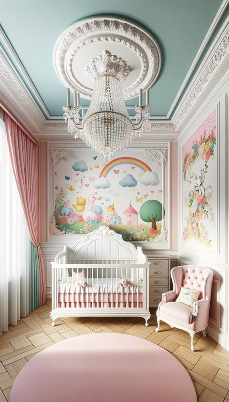 a baby's room with a crib and a chandelier, lavish rococo baroque setting, childs bedroom, rococo and baroque styles, nursery poster, cute room, rococo and art nouveau fusion, neoclassical style, rococo style, elegant and ornate, the style of rococo, neoclassicism style, brightly lit pink room, storybook layout #RococoNursery #BaroqueBabyRoom #ElegantChildsBedroom #ArtNouveauFusion #NeoclassicalStyle #OrnateCribDesign #BrightlyLitNursery #StorybookLayout #ElegantNursery Storybook Layout, Rococo Bedroom, Light Pink Rooms, Rococo Baroque, Luxury Nursery, Crib Design, Elegant Nursery, Zen Home Decor, Poster Cute