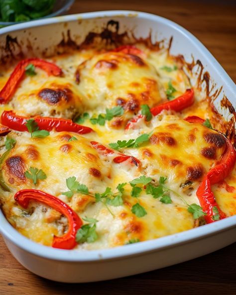 I swear when I make this dish, the entire family goes into a frenzy Cheesy Baked Chicken, Chicken Breast Recipes Baked, Savory Chicken, Chicken Main Dishes, Easy Casserole Recipes, Peppers Recipes, Chicken Recipes Casserole, Chicken Dishes Recipes, Baked Chicken Recipes