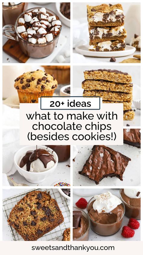 Have some chocolate chips on hand you need to use up? Here are 20+ recipes to make with chocolate chips besides cookies (though we also have some chocolate chip cookie, recipes, too!) These are great recipes to use chocolate chips and break out of a baking rut. From brownies and bars, to ice cream toppings, muffins, pudding, and more, there's a recipe for every occasion! Things To Bake With Chocolate Chips, What To Do With Chocolate Chips, What To Make With Chocolate Chips, Chocolate Chip Ideas, What To Make With Chocolate, Oatmeal Fudge Bars, Zucchini Cakes Recipe, Desserts With Chocolate Chips, Chocolate Covered Bananas