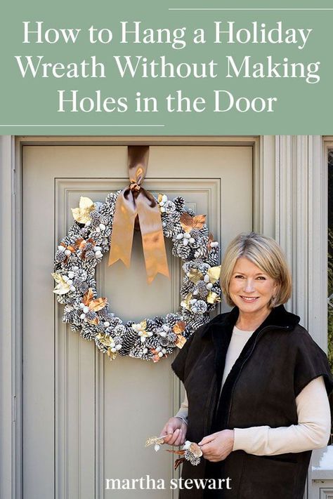 To avoid leaving holes in your front door, consider these expert-recommended do-it-yourself solutions that won't leave holes or marks while still keeping your entryway festive and decorated. #marthastewart #christmas #diychristmas #holidaydiyideas #diycrafts #crafts Xmas Door Wreath Ideas, Martha Stewart Wreaths Front Doors, Christmas Decorating Front Door, Hanging Christmas Wreath On Front Door, Hang A Wreath On Door, How To Make A Front Door Wreath, Outdoor Door Christmas Decor, Hanging A Wreath On A Door, Christmas Porch Diy Decor