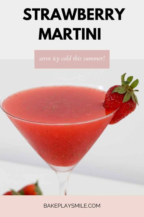 Made with just 4 ingredients, this fruity and refreshing Strawberry Martini made with strawberry puree and vodka is ready to enjoy in just 5 minutes! The perfect summer cocktail! #martini #strawberry #cocktail #vodka #summer #drinks Strawberry Martini Recipe Vodka, Strawberry Puree Cocktail, Vodka Strawberry Cocktail, Strawberry Simple Syrup Cocktails, Strawberry Puree Recipe For Drinks, Fruity Martini Recipes, Strawberry Martini Recipe, Strawberry Vodka Drinks, Vodka Frozen Drinks