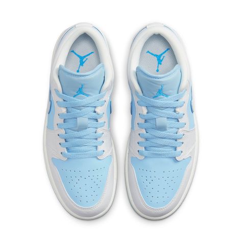 DV1299-104 Jordan 1 Low Reverse Ice Blue, Wmns Air Jordan 1, Pretty Sneakers, Blue Trainers, Blue Jordans, Preppy Shoes, Pretty Shoes Sneakers, Shoe Ideas, All Nike Shoes