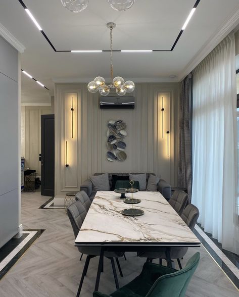 Dinning Area Wall Panelling, Marble Dining Table Decor, Room Ceiling Design, Dining Room Ceiling Design, Panelling Ideas, Food Tables, Best Dining Room, Dining Room Simple, Decorate Living Room