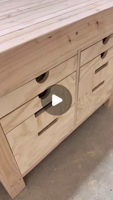 Raina Nicole Woodworks on Instagram: "Workbench build. 2x4 frame, plywood drawers and hardwood drawer slides. Super simple but durable  #Woodworking #dowoodworking #femalewoodworker #workshop #woodshop #toolsofthetrade #customfurniture #furnituremaker #howto" Diy Wood Drawer Slides, Workshop Drawers, Plywood Drawers, Wood Drawer Slides, Workbench With Drawers, Garage Organisation, Wood Drawers, Drawer Slides, Furniture Maker