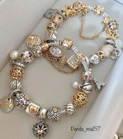 #pandora Pandora Jewellery Aesthetic, Two Tone Pandora Bracelet, Silver Pandora Bracelet With Gold Charms, Pandora Bracelet Mixed Metals, Pandora Mixed Metal Bracelet, Mixed Metal Pandora Bracelet, Pandora Bracelet Silver And Gold, Pandora Bracelet Outfit, Silver And Gold Mixed Jewelry