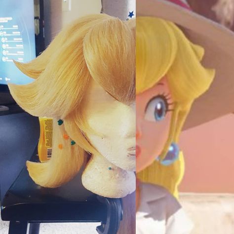 So this looks a little silly but I'm pretty dang happy with how accurate she's coming along. Gotta adjust the peach bangs just a tiny bit .… Princess Peach Wig Tutorial, Princess Peach Cosplay Diy, Princess Peach Hair, Princess Peach Wig, Peach Wig, Daisy Cosplay, Cheap Halloween Costumes Diy, Mario Princesses, Princess Peach Costume