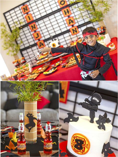 Ninja Japanese Birthday Party Ideas, Decorations & Printables - via BirdsParty.com Ninja Party Decorations, Ninja Birthday Party Ideas, Ninja Themed Birthday Party, Japanese Theme Parties, Japanese Dojo, Diy Ninja, Japanese Diy, Ninja Birthday Party, Karate Party