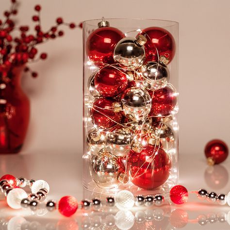 Christmas decorating ideas using LED fairy lights with flexible wires. Specialty & battery operated fairy lights are perfect for craft projects & weddings too! Tafel Decor, Christmas Table Centerpieces, Red And Silver, Holiday Centerpieces, Diy Centerpieces, Christmas Tea, Christmas Centerpieces, Christmas Table Decorations, Decoration Christmas