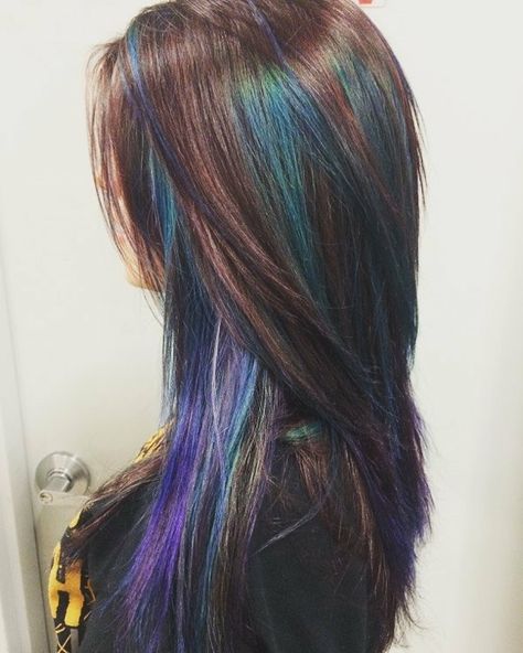 Peekaboo geode hair Peekaboo Hair Color Layers, Multicolor Highlights For Dark Hair, Colored Peekaboo Highlights, Pikaboo Hair Color, Brunette Peekaboo Color, Geode Hair, Blue And Purple Peekaboo Highlights, Brown Hair With Vivid Peekaboo, Rainbow Peekaboo Hair Dark Brown