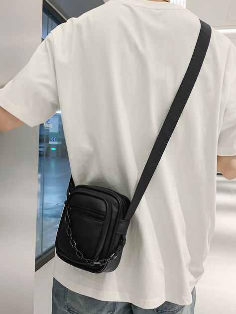 Black  Collar  PU Leather Plain Square Bag Embellished   Men Bags Side Bag Outfit Men, Outfits Con Mochila, Side Bag For Man, Crossbody Bag Outfit Men, Leather Side Bag, Men Crossbody Bag, Saint Motel, Black Sling Bag, Sling Bag Men