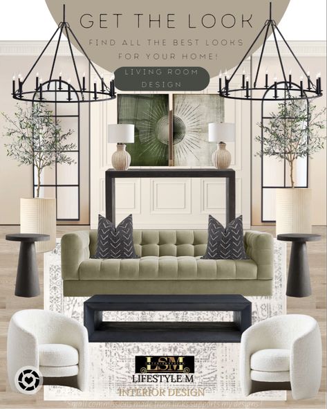 Mood board for a living room design. Green Accent Chair Living Room Ideas, White Accent Chair Living Room, Black White And Green Living Room, Black Green Living Room, Black White Green Living Room, Green And Black Living Room, Black And White Living Room Decor, Transitional Living Room Design, Console Table White