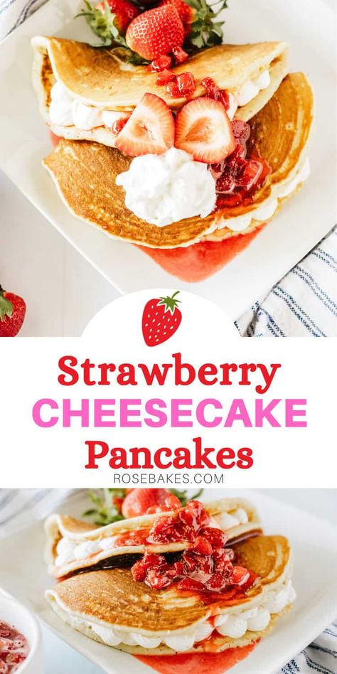 Strawberry Cheesecake Pancakes are melt-in-your-mouth buttermilk pancakes stuffed with a no-bake cheesecake filling, then stacked and topped with chunky homemade strawberry syrup, whipped cream, and fresh strawberries. Once you make this Cracker Barrel Cheesecake Pancakes Copycat recipe at home, you'll never look back! Strawberry Cheesecake Pancakes Easy, Cracker Barrel Cheesecake Pancakes, Cracker Barrel Pancake Recipe, Strawberry Cheesecake Pancakes, Cracker Barrel Copycat, Homemade Strawberry Syrup, Cracker Barrel Pancakes, Cracker Barrel Copycat Recipes, Cheesecake Pancakes