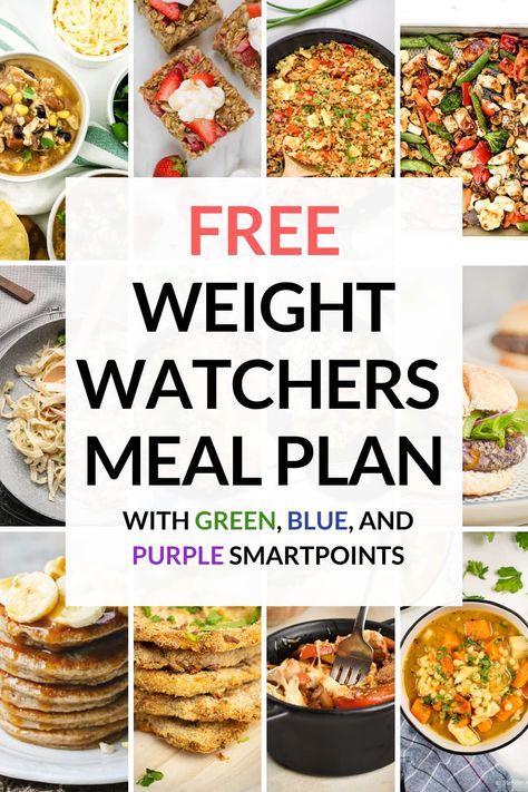 You will love this easy to follow FREE Weight Watchers meal plan with Green, Blue, and Purple Smartpoints, a complete shopping list, and recipes for breakfast, lunch, and dinner. #mealplanning Ww Green Plan, Weight Watchers Meal Plan, Weight Watchers Menu, Weight Watchers Plan, 200 Calorie, Weight Watchers Meal Plans, Slender Kitchen, 100 Calorie, Weight Watcher Dinners