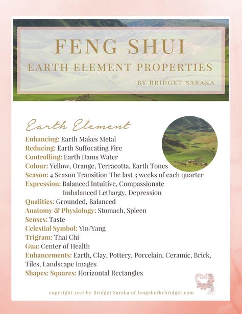 Feng Shui Five Element Properties + Earth Element - Feng Shui by Bridget Feng Shui Earth Element, Feng Shui Office, Feng Shui Elements, Feng Shui Guide, How To Feng Shui Your Home, Bagua Map, Home Based Work, Feng Shui Energy, Feng Shui Principles