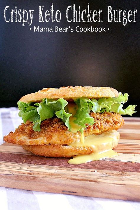 Enjoy crispy chicken burgers, guilt free, with this extra delicious Crispy Keto Chicken Burger recipe! Try them drenched in keto honey mustard or ranch! #lowcarb #keto #mamabearscookbook #burgers Keto Honey Mustard, Keto Honey, Keto Burgers, Chicken Burger Recipe, Keto Sandwich, Crispy Chicken Burgers, Keto Burger, Chicken Burgers Recipe, Keto Lunch Recipes