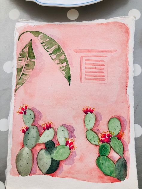 Jungle on pink #aquarelle # jungle #bananier #cactus Jungle Painting, Paintings Tutorials, Watercolor Paintings Tutorials, Painting Tutorial, Diy Art, Watercolor Art, Art Ideas, Diy And Crafts, Watercolor Paintings