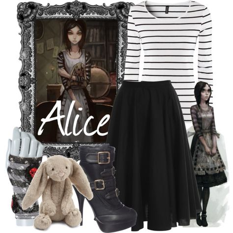 "Alice Madness Returns" by the-disney-girl on Polyvore Alice Return To Madness, Platform Heel Boots, Long Sleeve Jersey Shirt, Madness Returns, Wonderland Dress, Poplin Skirt, Alice Liddell, Alice Madness Returns, Alice Madness