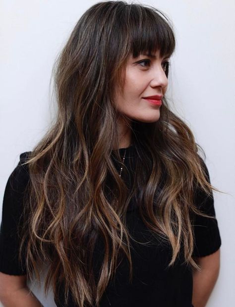 Long Hair With Eyebrow-Skimming Bangs Layered Ends, Layered Bangs, Long Haircuts With Bangs, Bangs Hairstyle, Layered Haircuts With Bangs, Messy Haircut, Long Layered Haircuts, Layered Haircut, Curly Hair With Bangs