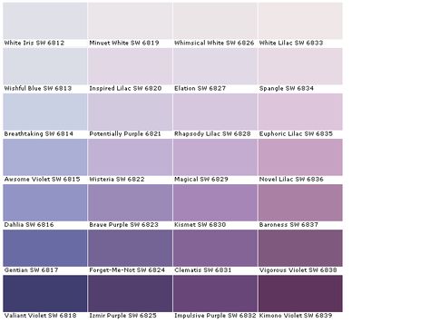 Sherwin Williams SW6812	White Iris  SW6813	Wishful Blue  SW6814	Breathtaking  SW6815	Awesome Violet  SW6816	Dahlia  SW6817	Gentian  SW6818	Valiant Violet  SW6819	Minuet White  SW6820	Inspired Lilac  SW6821	Potentially Purple  SW6822	Wisteria  SW6823	Brave Purple  SW6824	Forget-Me-Not  SW6825	Izmir Purple  SW6826	Whimsical White Sherwin Williams Purple Paint Colors, Lilac Paint Color, Lavender Paint Colors, Sherwin Williams Paint Gray, Lilac Paint, Purple Paint Colors, Lavender Paint, Paint Color Chart, Purple Bedrooms