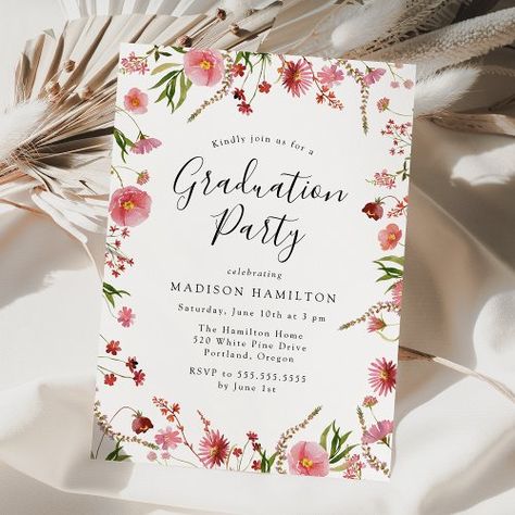 $2.77 | Elegant Pink Spring Floral Graduation Party #floral graduation party invitations, watercolor floral, pink flowers, wildflowers, elegant, graduate, botanical, high school graduation, college graduation, feminine Floral Graduation Party, Graduation Invites, Graduation Invitations High School, Graduation Templates, College Graduates, Graduation Party Invitation, Graduation Invitation, Pink Spring, Watercolor Invitations