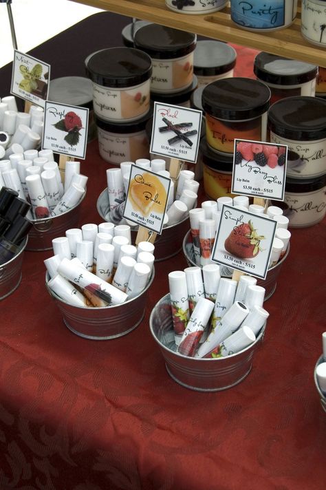 Lip Balm Display | I found these adorable little wash bins a… | Flickr Vendor Booth Display Ideas Body Butter, Lip Balm Display Ideas, Candle Display Craft Show, Lip Balm Display, Soap Booth, Craft Table Display, Farmers Market Display, Vendor Booth Display, Vendor Table