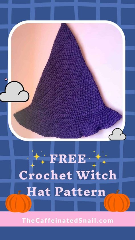 Free crochet witch hat pattern for Halloween! Witches Hat Crochet Pattern, Crocheted Witch Hat Pattern, Crochet Pointed Hat Pattern Free, Knitted Witch Hat Free Pattern, Halloween Toddler Witch, Crochet Witch Hat Pattern, Witch Hat Crochet Pattern Free, Witch Hat Crochet Pattern, Crochet Witches Hat Pattern Free