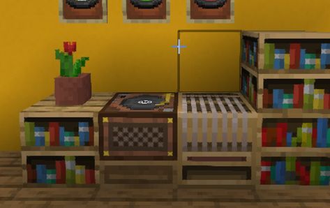 Hi everyone, this is my very first texturepack, so it's rather simple. Whenever I play Minecraft, I found it odd that we insert a black disk record... Minecraft Record Shop, Minecraft Jukebox Ideas, Jukebox Minecraft Ideas, Minecraft Record Store, Minecraft Jukebox Design, Minecraft Music Room, Minecraft Piano, Men Bedroom Design, Couple Bedroom Design