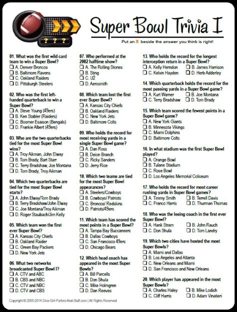 Free Printable Multiple Choice Super Bowl Trivia. Game download and answers at Diva Girl Parties and Stuff.  #superbowlparty Super Bowl Trivia, Football Trivia, Superbowl Party Games, Superbowl Game, Popular Candy, Bar Game, Sport Food, Super Bowl Football, Super Bowl 50