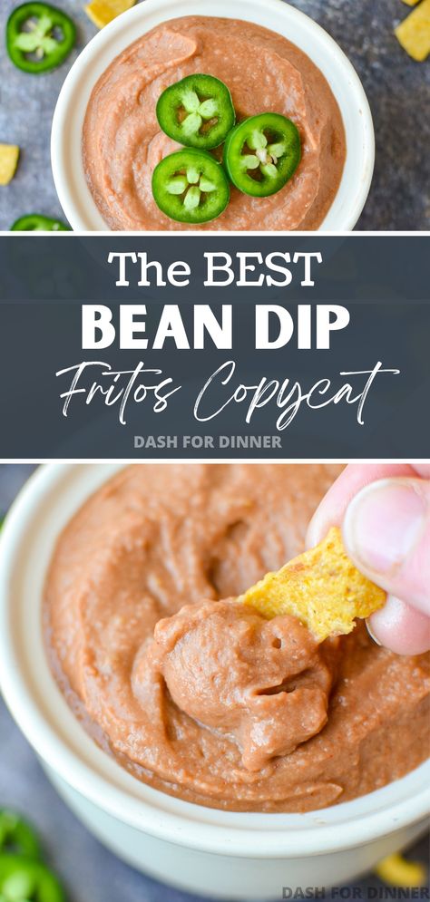 Copycat Fritos Bean Dip is a super easy dip recipe that's the ultimate Super Bowl party food, and great for a Summer BBQ too! Made with just a few simple ingredients, this bean dip recipe is perfect when served with crunchy corn chips, tortilla chips, or crisp veggies. Frito Lay Bean Dip Recipe, Frito Bean Dip Recipe, Frito Lay Bean Dip, Best Bean Dip, Fritos Bean Dip, Homemade Bean Dip, Hot Bean Dip, Easy Bean Dip, Super Bowl Party Food