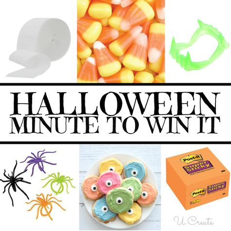 One of our very favorite games to play at parties is Minute To Win It and I thought it would be... Games Halloween, Halloween Class Party, School Halloween Party, Minute Games, Easy Halloween Party, Casa Halloween, Minute To Win, Minute To Win It Games, Halloween Classroom