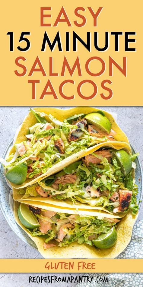 This easy salmon tacos recipe is a super quick no-fuss meal. With just a handful of everyday ingredients and 15 minutes, you can whip up this amazing dish. Take your Taco Tuesday in a whole new direction with these super tasty healthy seafood tacos with a spicy sauce and crunchy veggies! Full of Mexican flavors and easily adaptable, they're sure to become a family favorite. #taco #mexican #salmontacos  #tacos #salmon #glutenfree Salmon Tacos Recipe With Slaw, Healthy Salmon Tacos, Canned Salmon Tacos, Salmon Tacos Recipe Easy, Salmon Taco Recipes, Salmon Tacos With Slaw, Easy Salmon Tacos, Easy Shrimp Tacos, Salmon Fish Tacos