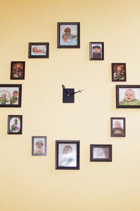 photo wall ideas, clock design Creative Photo Wall, Wall With Clock, Photo Wall Ideas, Wall Pocket Organizer, Collage Photo Frame, Photo Ledge, Large Family Photos, Antique Brass Frame, Photo Arrangement