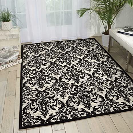 Nourison Damask Contemporary Area Rug, 8 Feet by 10 Feet (8' x 10'), Black/White Black And White Area Rug, Black White Area Rug, Damask Rug, Black White Rug, Black White Vintage, White Damask, Kathy Kuo Home, White Bedroom, Black Rug