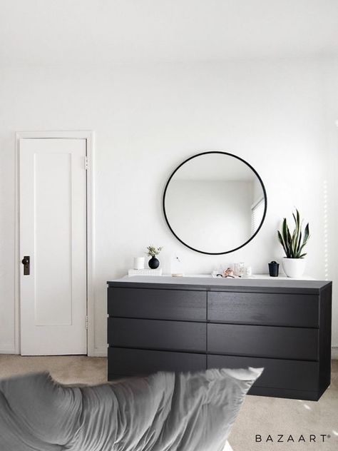 Bedroom Dresser Decor Black, Dark Furniture Aesthetic Bedroom, Ikea Bedroom Ideas Black, Small Room Black Furniture, Flat Black Bedroom Furniture, Small Bedroom Ideas Black Furniture, Ikea Malm Bedroom Ideas Black, Black Malm Bedroom Ideas, Malm Bedroom Ideas Black