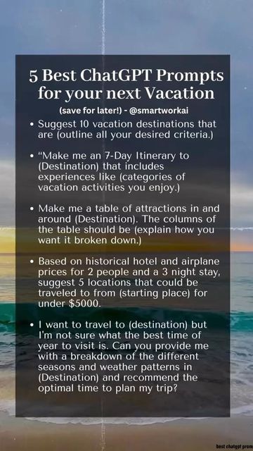 Celia | ChatGPT and AI Tips for Productivity on Instagram: "Best ChatGPT travel prompts for your next vacation. Save this for later! It will save you so much time. #timesaver #travelplanning #traveltips #chatgpt #chatgptprompts #vacation" Chatgtp4 Prompt, Travel Prompts, Vacation Savings, Vacation Activities, Time Saver, Travel Industry, Travel Bug, I Want To Travel, Travel Bugs