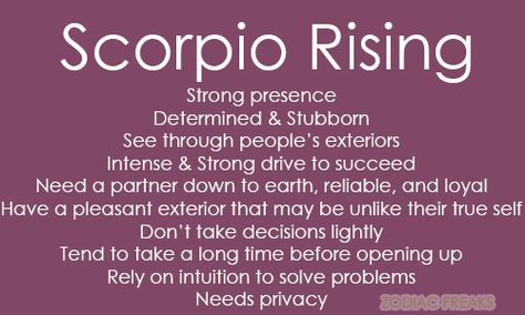 Traits of Scorpio Rising/Ascendent. NOTE:  This is not the same as the sun sign - aka the day someone is born.  Rising Signs change bi-hourly (12 signs over a span of 24 hours) and it is essential to know the time (and place as well as date) of birth in order to calculate.  Our Ascendant signifies our outward personality that others, specifically strangers or new people see as well as some of our mannerisms, called our Astrological Mask.  It can also have an influence on our childhood. If you do Scorpio Ascendant, All About Scorpio, Scorpio Rising, Astrology Scorpio, Scorpio Traits, The Scorpions, Scorpio Love, Scorpio Zodiac Facts, Scorpio Quotes