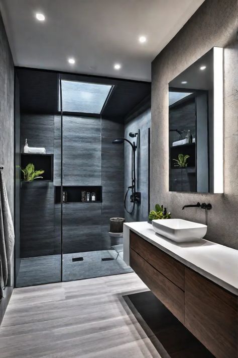 Modern bathroom with a custommade vanity with unique textures and patterns Mens Bathroom Ideas For Men Master Bath, Tile Shower Patterns, Mens Bathroom Ideas, Boy Bathroom Ideas, Black Tile Shower Ideas, Modern Bathroom Decor Ideas, Diy Tile Shower, Tile Bathrooms, Black Tile Bathrooms