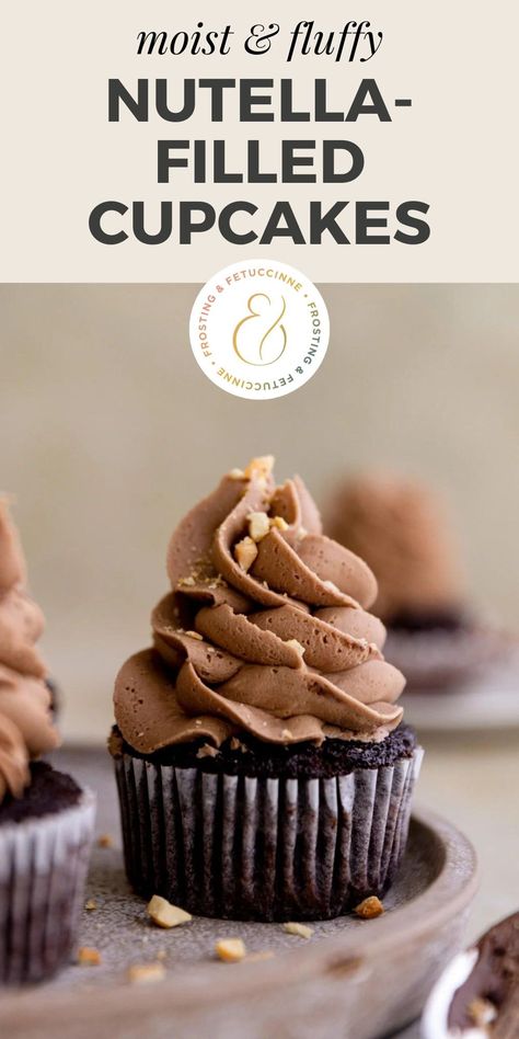 These homemade Nutella cupcakes are chocolatey and decadent. They are stuffed with a Nutella filling and then topped with a Nutella buttercream frosting. This Nutella filled cupcake recipe is the perfect dessert for chocolate and hazelnut lovers! Chocolate Lovers Cupcakes, Chocolate Hazelnut Cupcakes, Chocolate Filled Cupcakes Easy, Nutella Dessert Recipe, Chocolate Cupcakes With Filling, Nutella Recipes Dessert, Filled Cupcakes Easy, Nutella Cupcakes Recipe, Chocolate Filled Cupcakes