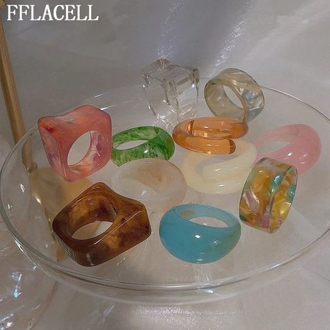 Fimo Ring, Colorful Rings, Funky Rings, Resin Rings, Diy Ring, Acrylic Ring, Indie Jewelry, Transparent Resin, Dope Jewelry