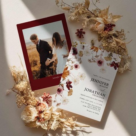 Burgundy Boho Fall Floral Photo Wedding Invitation Terracotta Wedding Invitation, Wedding Invitation Boho, Wedding Invitation Rustic, Terracotta Wedding, Rustic Fall Wedding, Winter Wedding Invitations, Boho Wedding Inspiration, Fall Photo, Fall Wedding Invitations