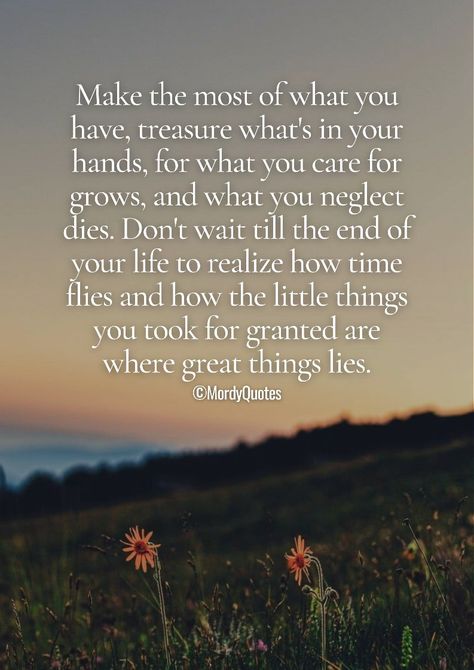 Make the most of what you have, treasure what's in your hands, for what care for grows, and and what you neglect dies. Don't wait till the end of your life to realize how time flies and how the little things you took for granted are where great things lies. #mordyquotes #motivationalquotes #quoteoftheday #lifequotes #wisdomquotes #pinterestquotes Treasure What You Have Quotes, Don’t Take Anything For Granted Quotes, Don’t Take Life For Granted Quotes, Don’t Take For Granted, Don’t Take Life For Granted, Feeling Taken For Granted Quotes, Taking Things For Granted Quotes, Taken For Granted Quotes, Pastor Appreciation Quotes