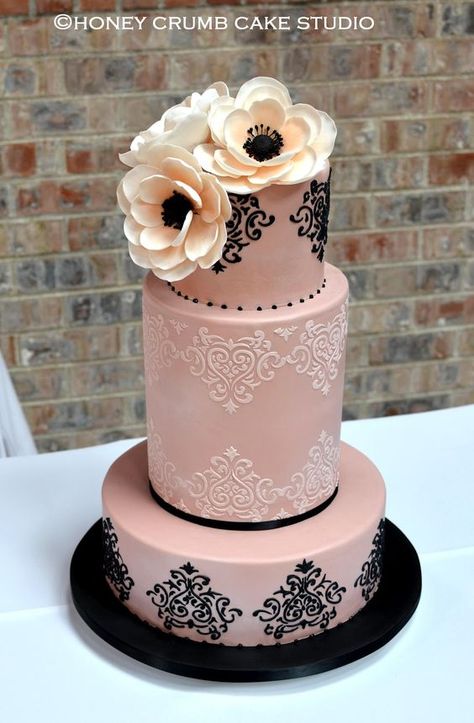 Blush Pink and Black Wedding Cake with Sugar Anemones / http://www.himisspuff.com/blush-and-black-wedding-ideas/4/ Black Lace Wedding Cake, Blush Pink And Black Wedding, Pink And Black Wedding, Blush Wedding Cakes, Cake With Flowers, Black Wedding Cakes, Lace Wedding Cake, Pink Wedding Cake, Travel Theme