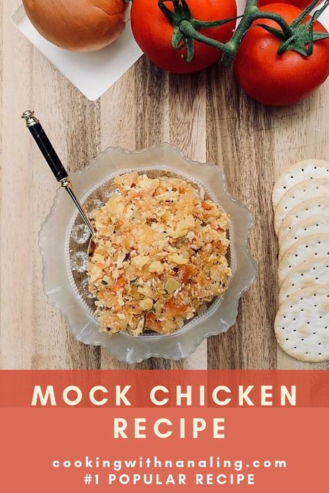 The number one popular recipe on our blog: mock chicken. An old-fashioned favourite still hugely popular today! #mockchicken #mockmeat #mockchickenrecipe #vegetarian #vegetarianrecipes Mock Chicken Recipe, Mock Recipes, Chicken Sandwich Filling, Chicken Sandwich Spread, Savoury Dips, Mock Chicken, Cooking Secrets, Savory Snack Recipes, Tea Sandwich