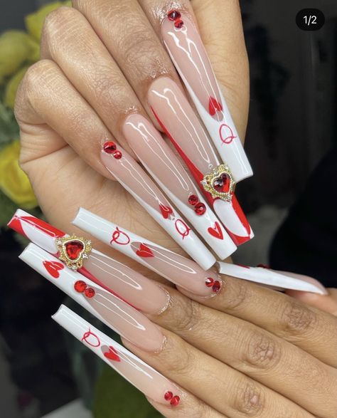 Valentines Nails Xo, Red Vday Nails, Nail Designs Edgy, Edgy Valentines Nails, Edgy Valentines, Vday Nails, Heart Nail Designs, Gel Nail Art Designs, Heart Nail Art