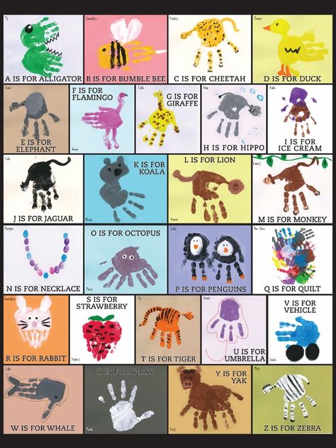 Hand Print Alphabet Animals, Canvas Painting Ideas For Classroom, Hand Print Animals For Kids, Square 1 Art Ideas Preschool, Auction Items Made By Kids, Class Project For School Auction, Hand Print Alphabet, Class Projects For School Auction, Preschool Auction Projects