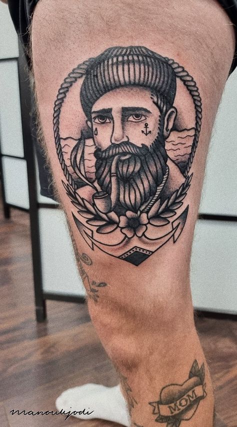 Sailor Traditional Tattoo, Traditional Man Tattoo, Sailor Tattoos Traditional, Tatto Old Scold, Traditional Tattoo Face, Old School Sailor Tattoo, Traditional Dragon Tattoo, Fisherman Tattoo, Traditional Mermaid