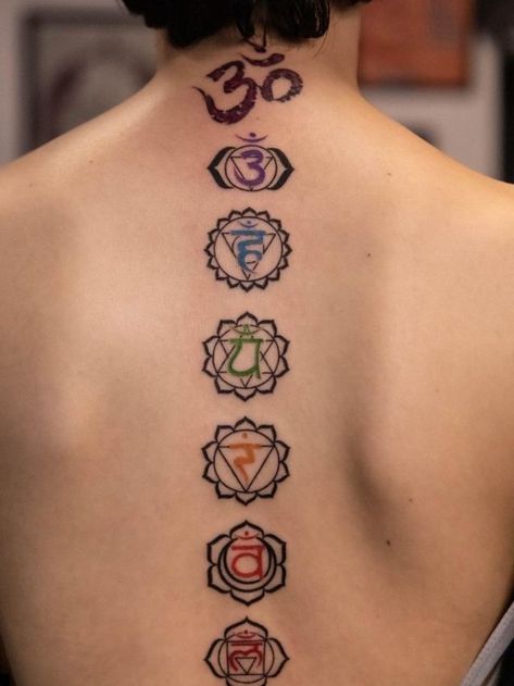 Seven Chakra Tattoo Design, Tantra Tattoo Symbols, Nek Tattoo Design, Back Tattoo Chakra, Om Chakra Tattoo, Seven Chakras Tattoo, Chest Piece Tattoos For Women, Spiritual Awakening Tattoo, Chakra Symbols Art